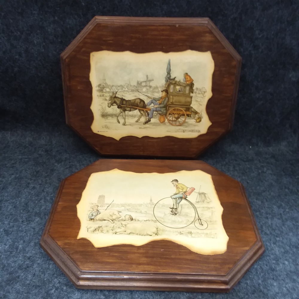 Set of 2 Vintage Anton Pieck Wall Plaque Decor Art Wood Framed Old Country‎ 10x9